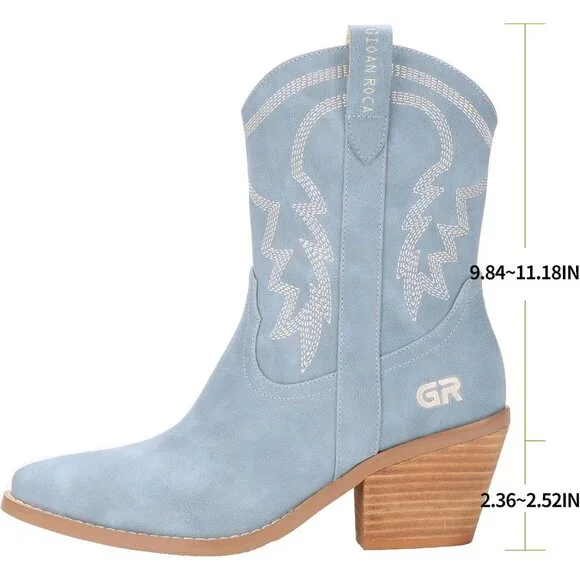 ⚡Women's Light Blue Ankle Boot Embroidered Comfy Fashion Vintage Boot Wide Calf - Picture 3 of 5